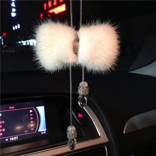 Fashion Diamond Car Rearview Mirror Hanging Crystal Real Mink Fur Bowknot Charm Dangling Pendant Plush Ornaments Auto Decoration