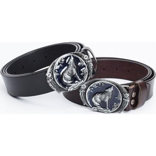 Foreign trade mens belt personality retro style western cowboy wolf howling belt buckle pure cowhide fashion youth