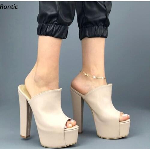 Rontic Handmade Women Platform Slingback Sandals Stable Block Heels Peep Toe Pretty Beige White Pink Party Shoes US Size 5-20