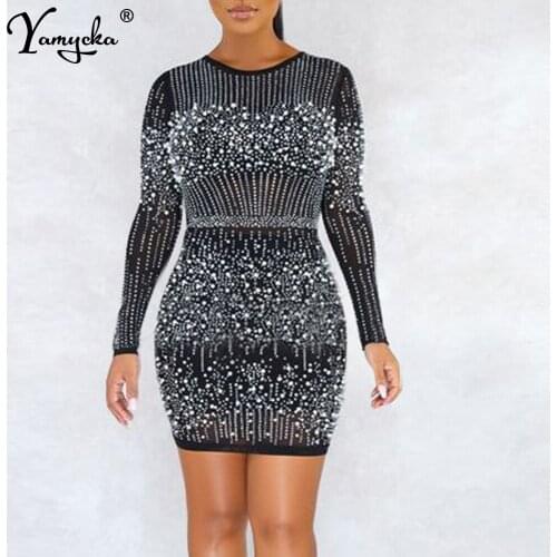 Sexy Black see through Rhinestone mini summer dress women vintage bodycon prom evening dresses club party woman dress vestidos