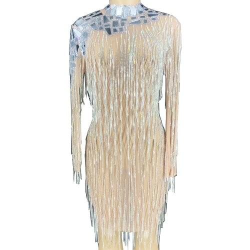 Silver Mirror Sequins Fringe Dresses Mesh Gauze Above Knee Dress Long Sleeve Nightclub Stage Bar Dance Party Evening Costume