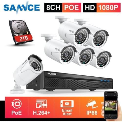 SANNCE 8CH 1080P FHD POE Network Video Security System With 6PCS 2MP CCTV Outdoor Weatherproof IP Camera Built-in Microphone