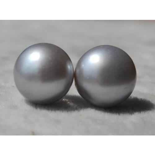 Unique Pearls jewellery Store Huge Gray Pearl Earrings AAA 13MM Freshwater Pearl Stud Earrings Silver Jewelry For Women