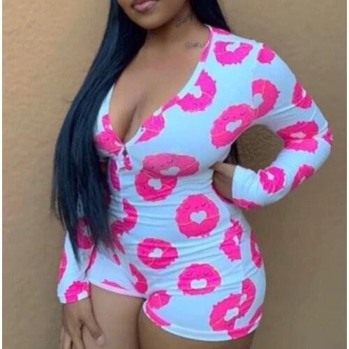 Women Sexy Pajamas Cartoon Donut Ice Cream Lip Print Romper Long Sleeve V-Neck Jumpsuit Exotic Apparel