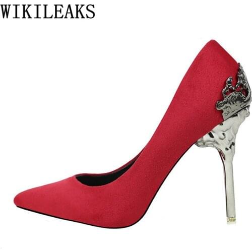 Fretwork Metal Decoration Red High Heels Women Sexy Wedding Bigtree Shoes Chaussure Femme Talon Bridal Ladies Pointed Toe Pumps