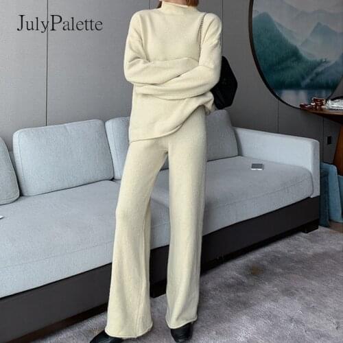 Thicken Knitted 2 pieces Sets 2021 Autumn Winter Warm Turtleneck Sweater Wide-leg Trousers Ladies Solid Loose Long Pants Sets