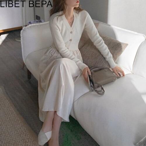2021 New Autumn Winter Women Knitting Dresses V-Neck Basic High Waist Elegant Korean Vintage Pure Warm Lady Long Dresses DR4209