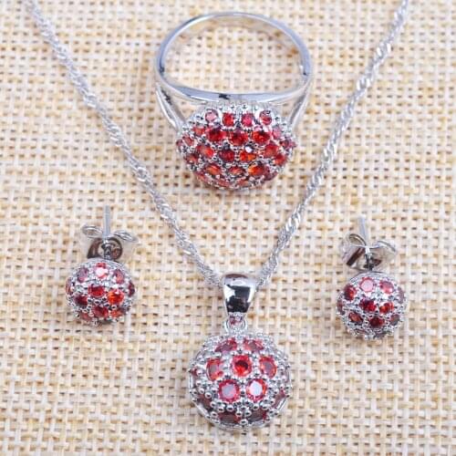 2017 Fashion Red Zirconia Womens Silver Color Jewelry Sets Necklace Pendant Earrings Ring TZ0550