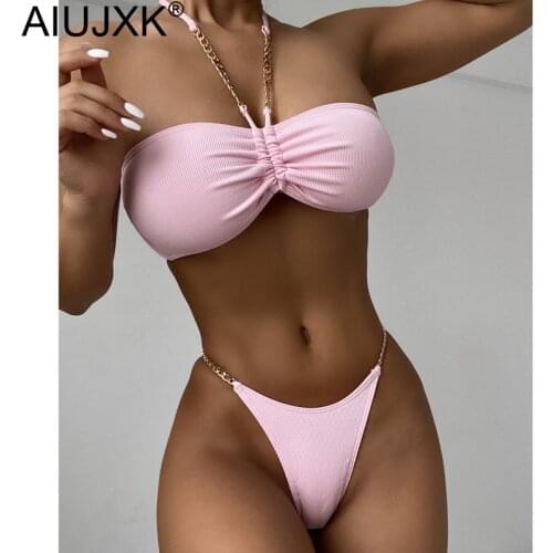 AIUJXK Woman Swimwear Metal Chain Halter Off Shouler Thong Bikini Women 2021 Sexy 2 Piece Swimsuit New Summer Beach Bathing Suit