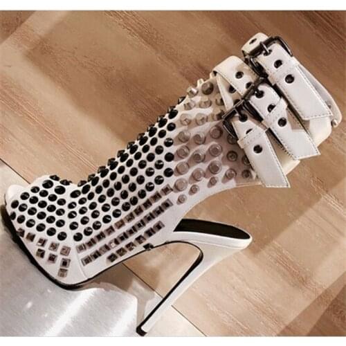 Sexy Studded Peep Toe Ankle Strap Buckle Strap Black White Rivets Gladiator Sandals Boots Cut-out Stiletto Heels Dress Shoes