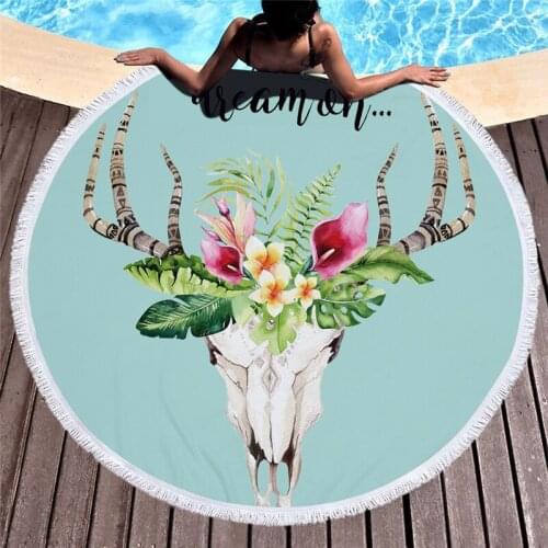 Casegrace Cute Green Goats Skull Round Beach Tower Flower Animal Skeleton Bath Towels With Tassels Soft Yoga Mat Blanket