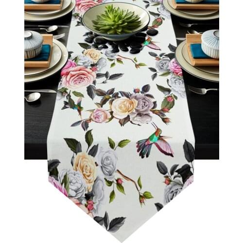 Watercolour Rose Peony Bird Table Runner Home Party Dining Table Decorative Wedding Table Decoration Flower Cake Tablecloth