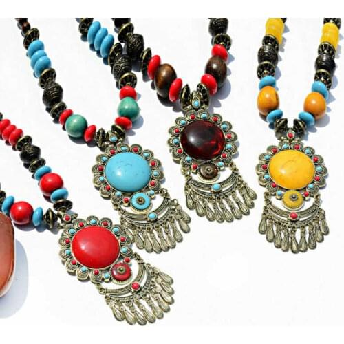 Retro Long Ethnic Sweater Chain Necklace Wood Pendant Jewelry Dance Beaded