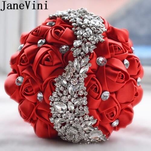 JaneVini Silver Crystal Red Bridal Flower Bouquet Satin Rose Beaded Rhinestone Bride Wedding Bouquets 2019 Ramo Dama De Honor