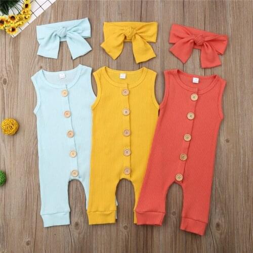 2019 Baby Girls Boys Button Romper Newborn Summer Kids Solid Clothes Infant Cotton Romper+Headband Jumpsuit Toddler Outfit 0-18M