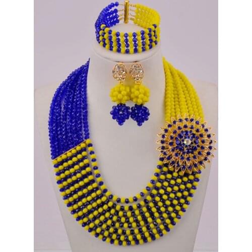 Royal Blue and Opaque Yellow Nigerian Wedding Necklace Sets African Beads Jewelry Set