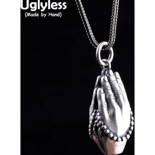 Uglyless Praying Hands Buddhism Pendants NO Chains Women Men Neutral Religious Jewelry Buddha Folded Hands Necklaces 990 Silver