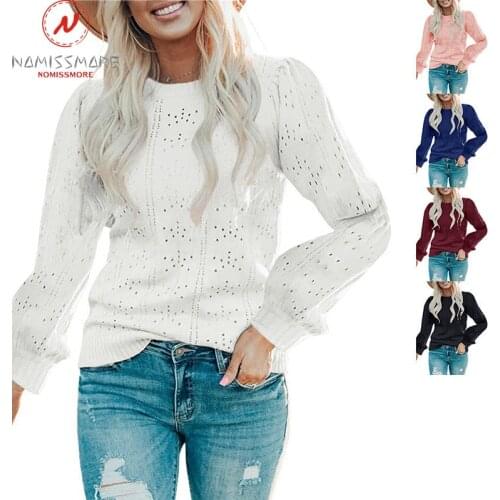 Fashion Women Solid Color Sweaters Hollow Out Design See Through O-Neck Long Lantern Sleeve Spring Autumn Slim Knitted Top