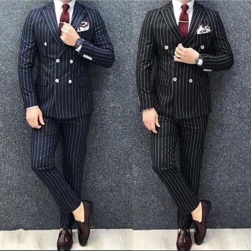 Blue Black Stripe Men Suits Double Breasted Office Business Groom Wedding Men Suits 2 Pieces Trajes De Hombre Terno Masculino