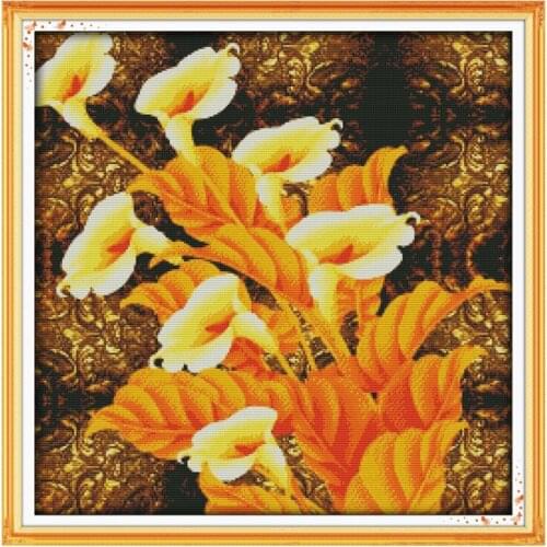 Joy Sunday Flowers DIY Cross Stitch Kits Golden Calla Lily Cross Stitch Pattern Printed Canvas 14CT Embroidery Needlework Sets