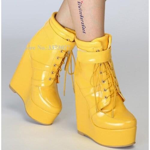 New Lace-up Patent Leather Wedge Ankle Boots Woman Fashion Yellow Rose Red Green Blue Platform Short Boots Lady Real Photos