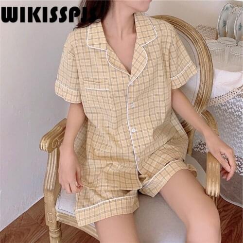 2021 Summer New Plaid Short Sleeve Shorts Casual Cardigan Comfortable Girls' Home Wear Lounge Wear Pajama Shorts Women