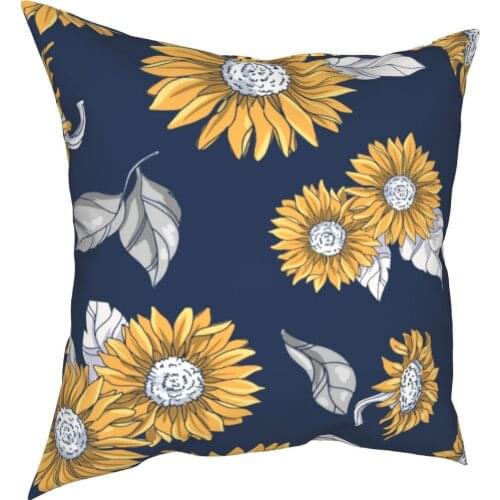 Autumn Sunflowers With Navy And Yellow Pillowcase Printing Cushion Cover Decoration Pillow Case Cover Seat Zippered 40*40cm
