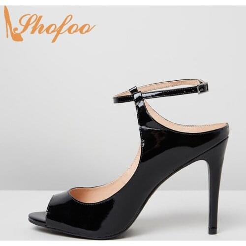 Shofoo Black Patent Leather Women Shoes Peep Toe Casual Gold Buckle Thin Heels Sandals Large Size 12 15 Summer Fashion Mature