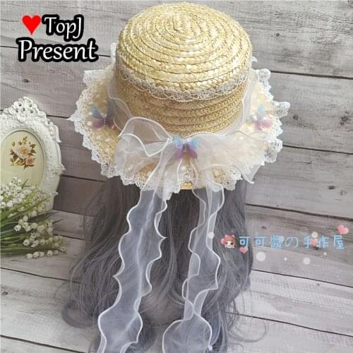 Summer straw hat Japanese girl Lolita sweet soft girl cute bow woven straw hat childrens sun hat cosplay Hat