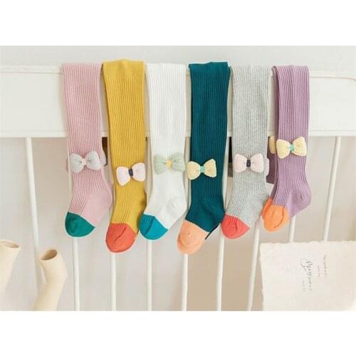 Knitted Girls Cute Tights For Baby Spring Summer Children Pantyhose Ribbed Stockings Cotton Kid Girl Tights Candy Color Bowknot