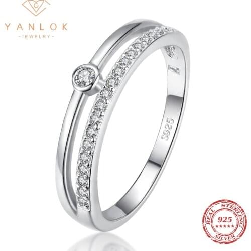 YANLOK Authentic Hot Sale 925 Sterling Silver Double Layer Finger Rings For Women Dazzling Zirconia Sterling Silver Jewelry