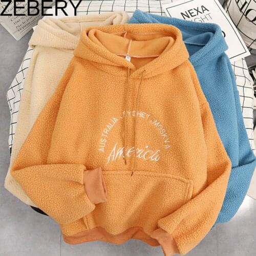 ZEBERY Autumn Winter Fashion Warm Hooded Women Sweatshirt Letter Embroidery Print Hoodies Harajuku Casual Loose Long Sleeve Tops