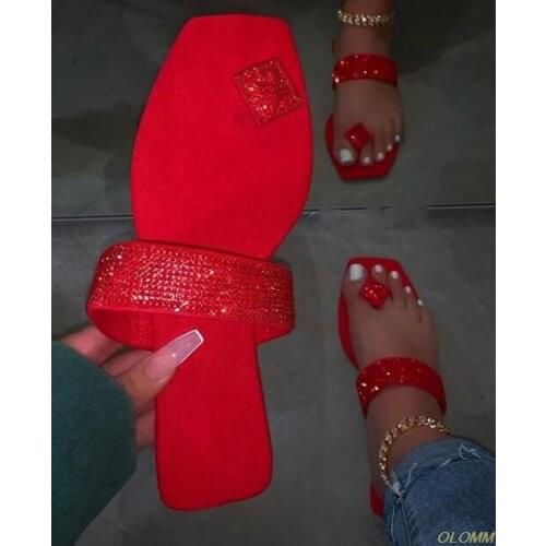 Hot Sale new 2020 single finger rhinestone bright diamond slippers candy color flat women sandals beach non-slip durable ms