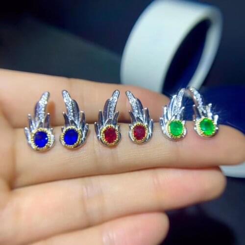 New womens Earrings NATURAL RUBY EMERALD sapphire Angel Earrings 925 silver included certificate