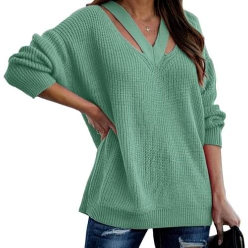 Women sweater Hollow Out Loose Casual Solid Color V Neck Autumn Sweater Daily Wear Pullover top women jumper Women clothing 2021