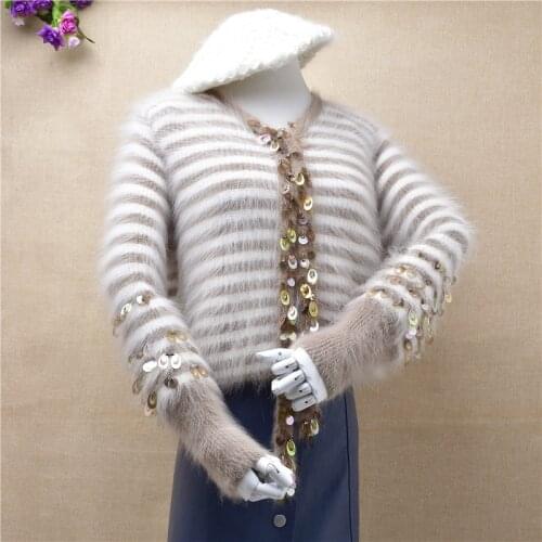New Fashion Women Cardigan Jacket v-Neck knit rabbit sweater lady striped sable soft sequin Zipper spring outwear home clothes