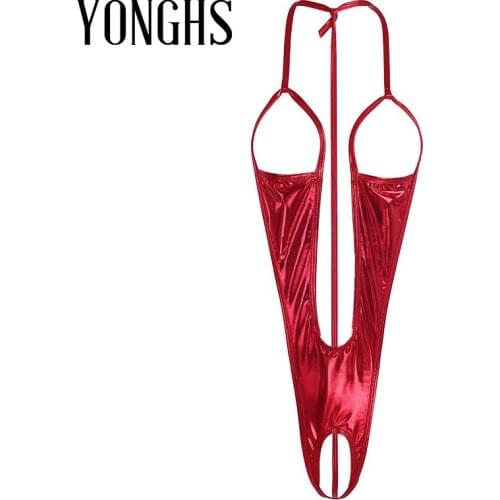 Womens Lingerie Open Crotch Bodysuit for Sex Patent Leather Open Bust Backless Crotchless Bodysuit Exotic Sleepwear Nightwear