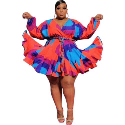 Echoine Over Sized Printed V-neck Sexy Woven Big Skirt Belt Plus Size Women Dress Long Sleeves Knee Dress Drop Shipping