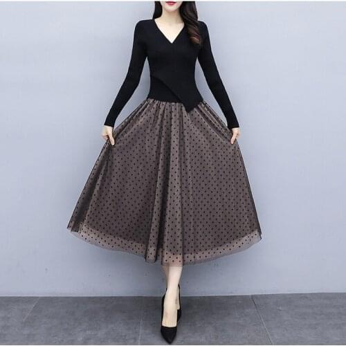 Lady Splicing Mesh Dress High-End Spring 2021 Dresses New Long-Sleeve Knitted Womens Temperament Round Neck Dresses Female E546