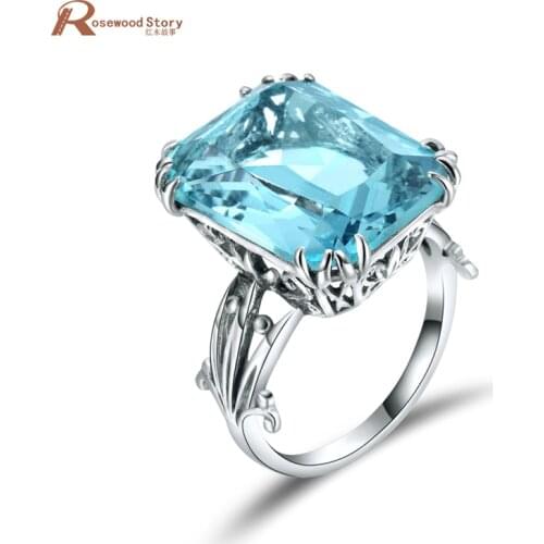 Luxury Square Charms Handmade Vintage Womens 925 Sterling Silver Birthstones Sky Blue Crystal Wedding Ring Brand Jewelry