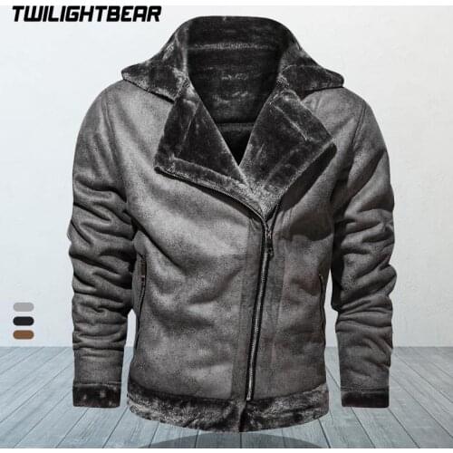 Winter Mens Oblique Zipper Jacket Male Fur Leather Suede Coat Retro Thicken Leather Bomber Jacket Men Biker Jacket Man AFH01