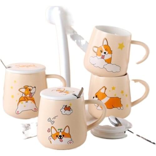 440ml Corgi Dog Couple Coffee Mug Spoon With Lid Cute Cartoon Gift exquisite Office Decorations Mark Ceramic Water Cup