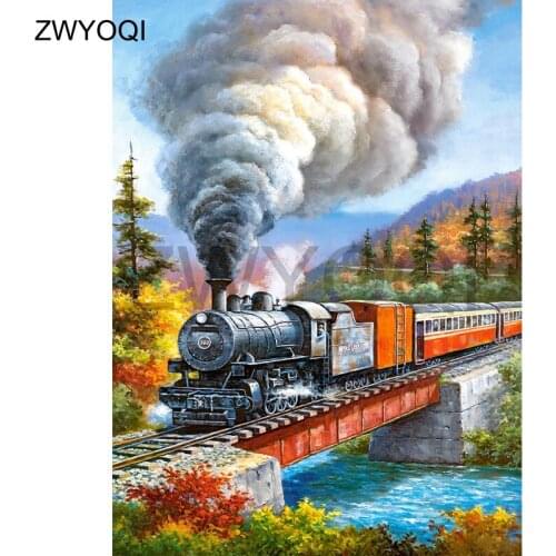 DIY Diamond painting train Full Round Diamond mosaic Rail Lake Full Square Diamond embroidery Cross stitch Train forest scenery