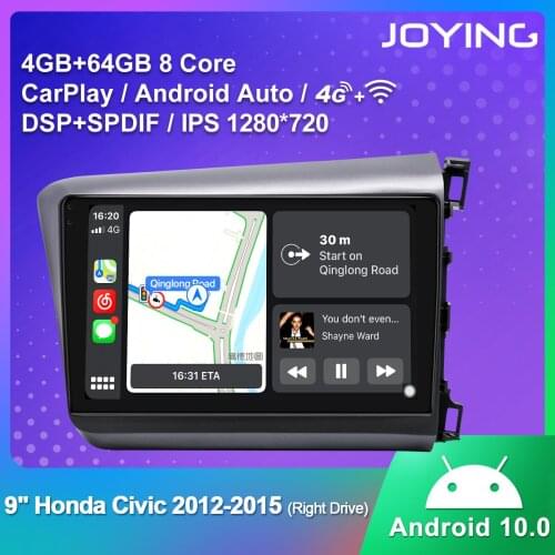 JOYING 9Inch Car Multimedia Player Android 10.0 Screen 1280*720 Carplay/4G/Steering Wheel For Honda Civic 2012-2015(Right drive)