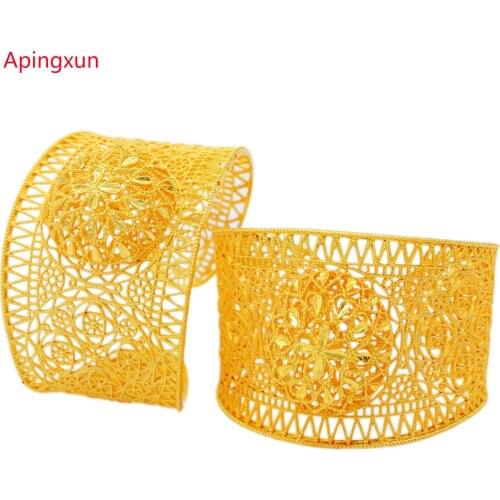 Apingxun 24K Gold Color Dubai Bangle Flower Cuff Bracelet For Women Girl Party Gift Ethiopian Middle East Bridal Wedding Jewelry