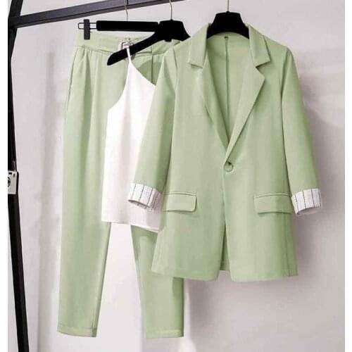 Pants suit womens plus size spring and summer new Korean style loose thin suit high waist casual pants vest three-piece suit