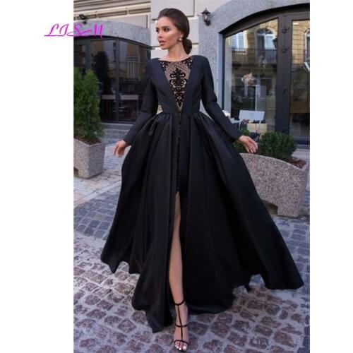 Black A-Line Simple Women Evening Dresses Lace Satin Prom Party Gowns Sexy Front Split Long Sleeves vestido de noche