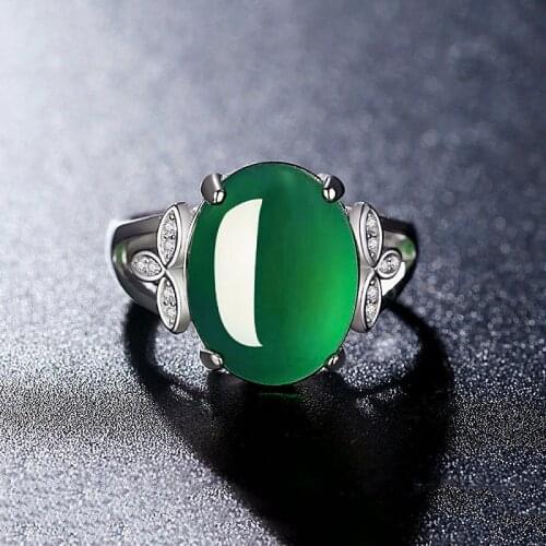 Natural Green Chalcedony Hand Carved Water Drop Ring Fashion Jewelry Womens 925 Silver Inlaid Ring with Adjustable Opening