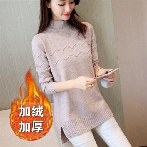 Korean Pullover Knit Sweater Women 2021 New Autumn Winter Mid-Length Half High Collar Loose Shirt Plus Velvet Thick Sweaters