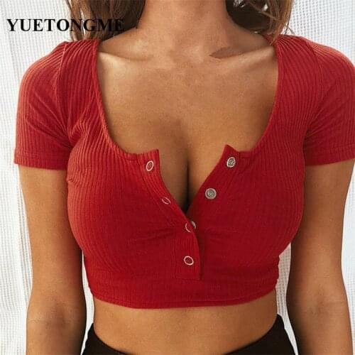 Button open collar Short sweater summer 2021 new solid color short-sleeved v-neck vest fashion sexy tops T021